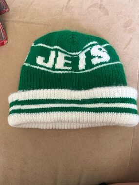 Green and White 'JETS' Knit Cuffed Beanie
